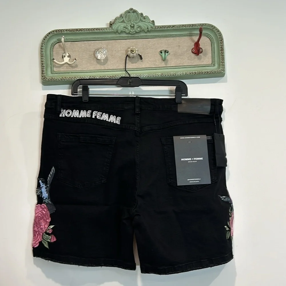 Homme + Femme embroidered humming bird black denim shorts 40 men’s streetwear